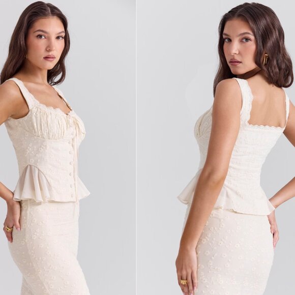 HOUSE OF CB 'Jean' Vintage Cream Cotton Broderie Anglais Peplum Top NWOT - Picture 5 of 9